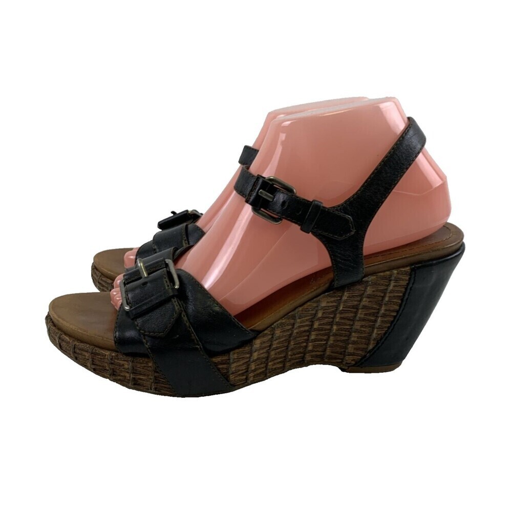 Naya Mcloud‎ Wedge Sandal Ankle Buckle Strap Black Leather Platform Womens 8.5
